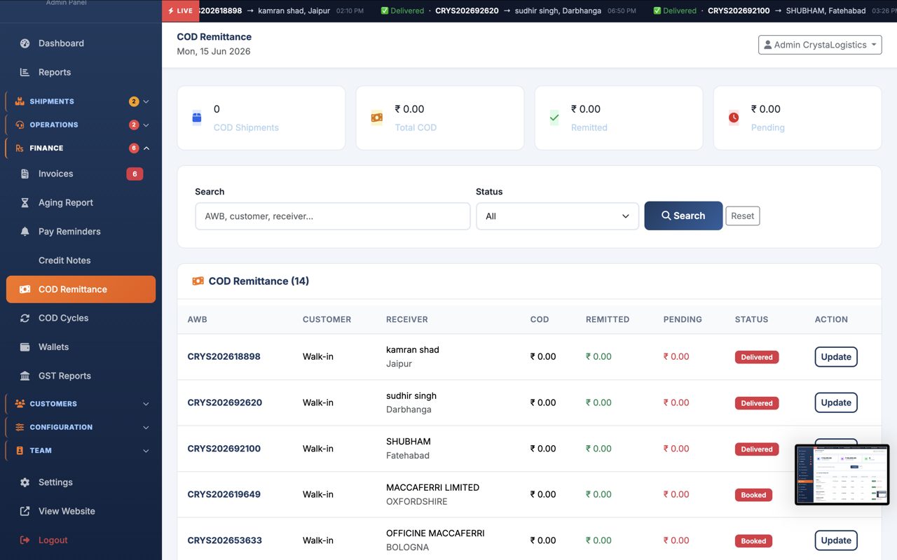 CrystaLogistics admin panel